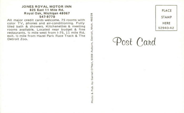 Hotel Royal Oak (Jones Motel, Jones Royal Motor Inn) - Vintage Postcard Back